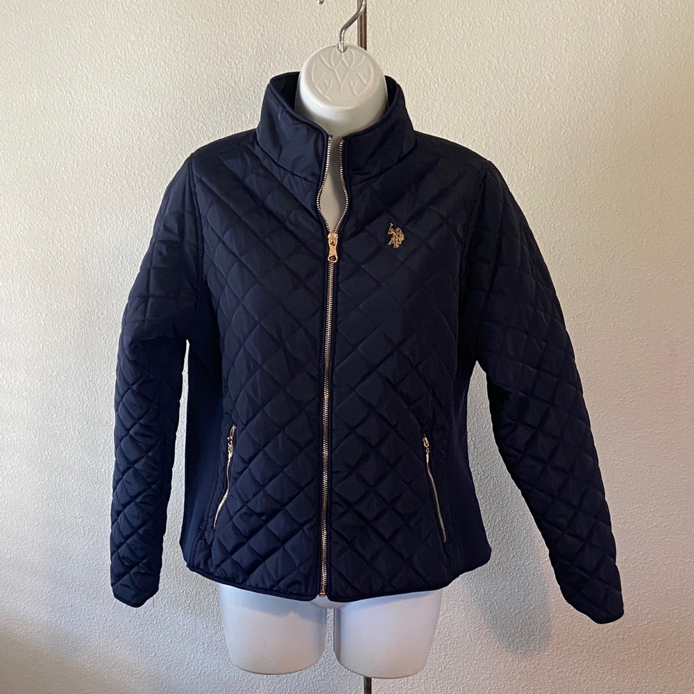 U.S. Polo Assn. Navy Quilted Zip Jacket M Preppy Gold Logo
